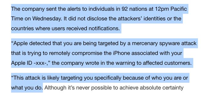 Apple alerts users in 92 nations to mercenary attacks in new warning https://t.co/SC4BOkftxP https://t