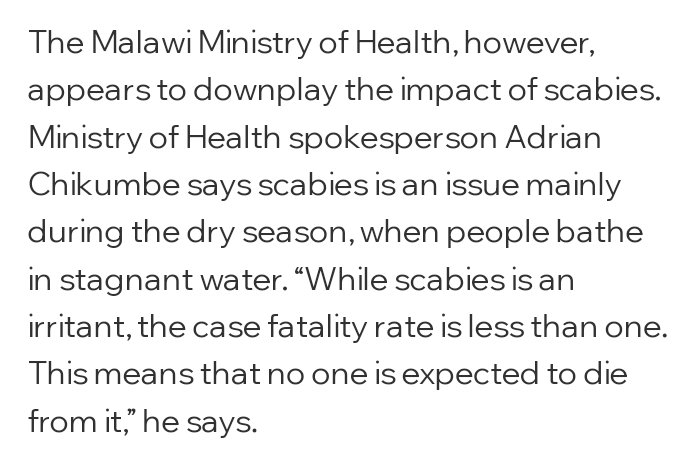 ElizaMbamba's tweet photo. Great article! I need time to reflect on the response from MoH. Does it mean that they are not gonna bother because no one is dying from scabies? Is death the only adverse outcome of a disease?  #PublicHealthPractice https://t.co/dpFil6UeKq