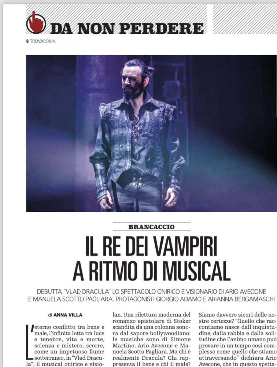 TrovaRoma - la Repubblica (@trovaroma_rep) on Twitter photo Al <a href="/Brancacciotweet/">Teatro Brancaccio</a> debutta “Vlad Dracula - Il musical”, allestimento visionario di #ArioAvecone e #ManuelaScottoPagliara che vede protagonisti #GiorgioAdamo e #AriannaBergamaschi. Ne parla Anna Villa sul #TrovaRoma, in edicola oggi con <a href="/repubblica/">Repubblica</a>. Inviti per i lettori. Al <a href="/Brancacciotweet/">Teatro Brancaccio</a> debutta “Vlad Dracula - Il musical”, allestimento visionario di #ArioAvecone e #ManuelaScottoPagliara che vede protagonisti #GiorgioAdamo e #AriannaBergamaschi. Ne parla Anna Villa sul #TrovaRoma, in edicola oggi con <a href="/repubblica/">Repubblica</a>. Inviti per i lettori.