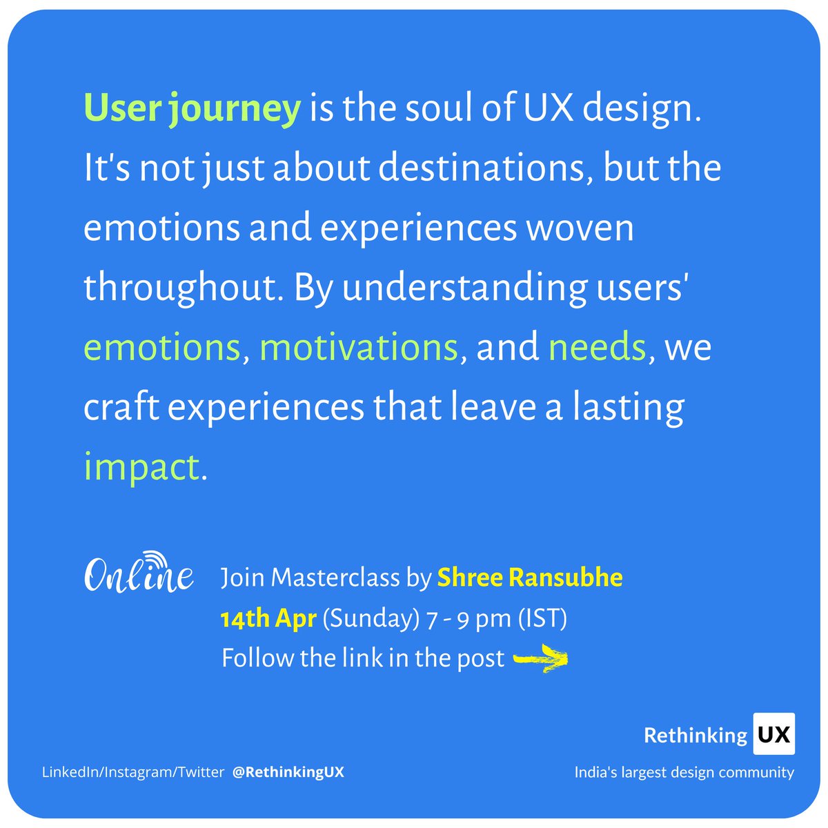 Embark on a journey to explore user-centric methodologies, unravel the intricacies of customer journeys.

Date: 14th April 2024 (Sunday), 7-9 PM (IST), Online
Fee: INR 599/- Only

🔒 Secure your spot:
lnkd.in/g_E_uAvH

#rethinkingUX #workshop #ux <a href="/dribbble/">Dribbble</a>