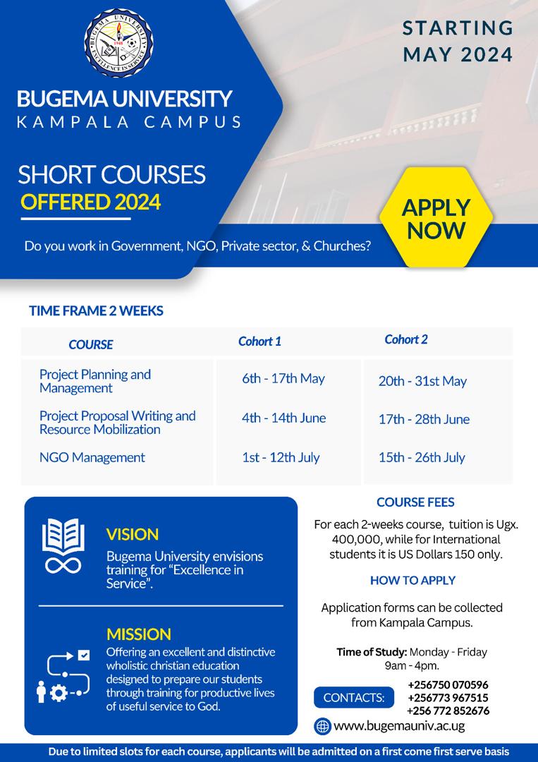 Apply for short courses at Bugema University Kampala Campus @bugemacampus starting this May. For details see the flyer 👇 #ExcellenceinService