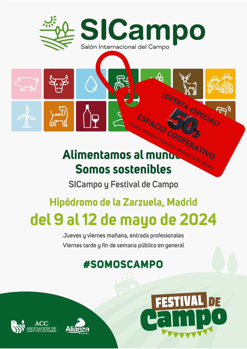 El nuevo certamen @sicampo_AR ha creado un espacio #cooperativo con descuento del 50 % para #cooperativas. 🗓️Se celebrará del 9 al 12 de mayo en Hipódromo de la Zarzuela, en #Madrid. Organiza @alianza_rural #somoscampo