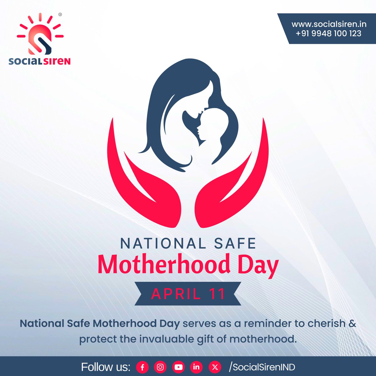 SocialSirenIND's tweet photo. National Safe Motherhood Day: Cherish, Protect, 
and Celebrate Motherhood's Blessings.#CherishLife #MaternalHealthAwareness #ProtectMotherhood #safemotherhood #NationalSafeMotherhoodDay #CelebrateMotherhood #MaternalWellness

#SocialSiren #DigitalMarketing #Advertising #Marketing https://t.co/x6163ZaAxP