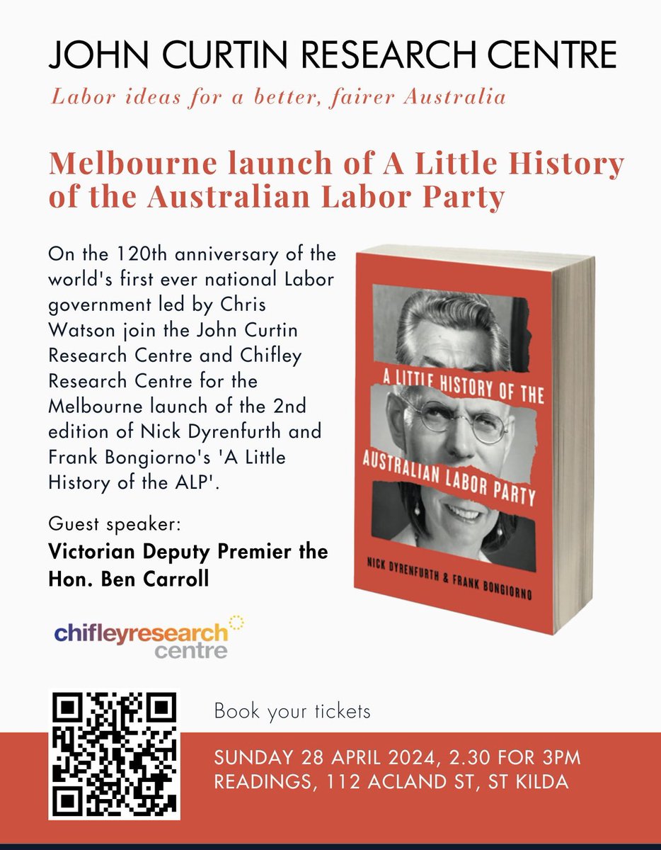 A privilege to be invited to speak at the Melbourne launch of “A Little History of the Australian Labor Party” by historians @dyrenfurth & @fbongiornoanu. This promises to be a wonderful event discussing Labor’s role in creating modern Australia. Bookings essential @curtin_rc