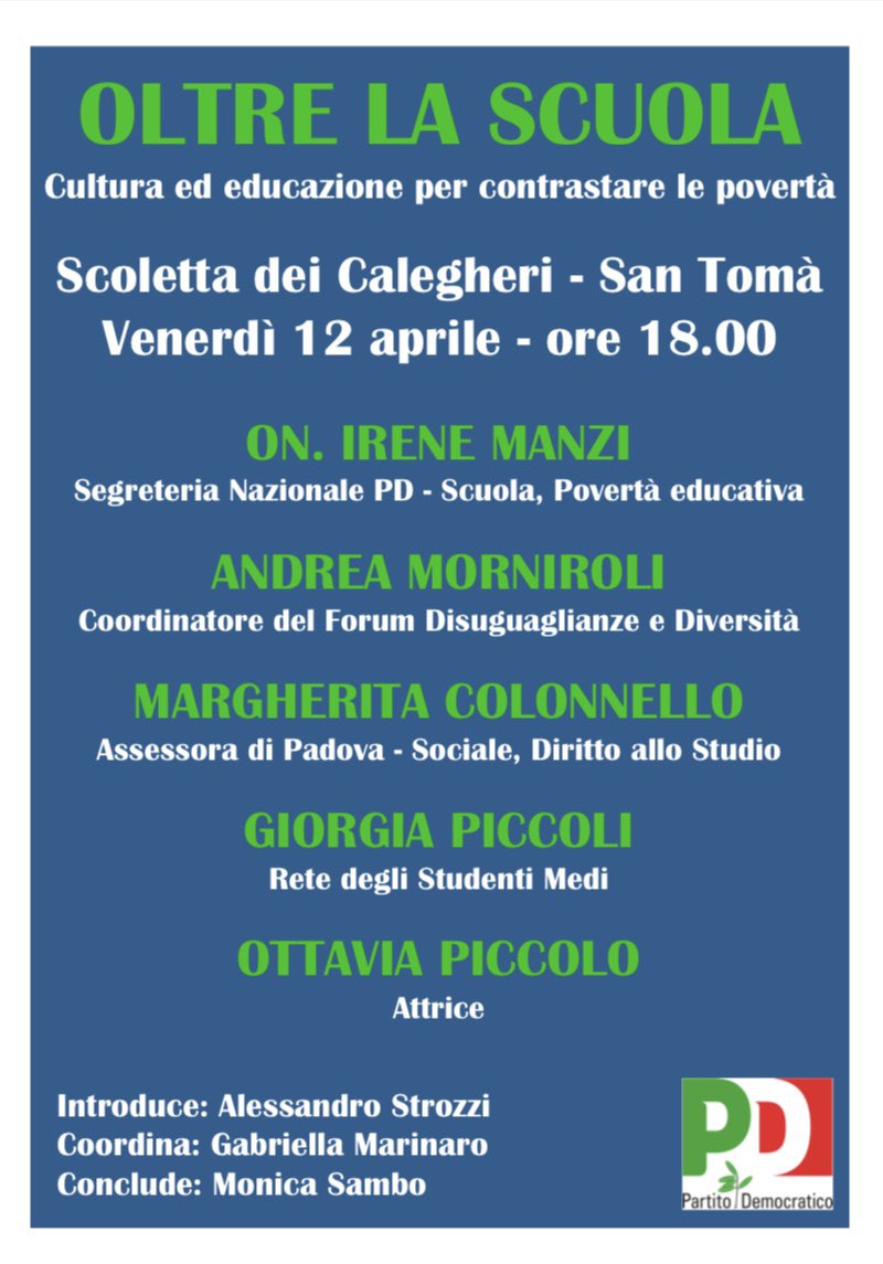 RubenStrozzi's tweet photo. OLTRE LA SCUOLA

Vi aspettiamo domani alla Scoletta dei Calegheri alle 18 per parlare di come la comunità può rivestire un ruolo importante nell’educazione!

#partitodemocratico #pd #scuola #istruzione #educazione #povertaeducativa #venezia https://t.co/V9vekPQmQW