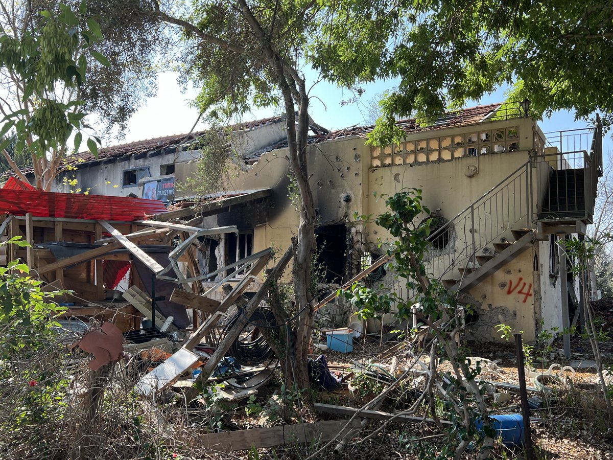 Homes destroyed by Hamas terrorists and in the subsequent battle at Kibbutz Be’eri. I was here two weeks after the battle; today’s photos are from six months later. Dueling graffiti on one house: فلسطين followed by עם ישראל חי