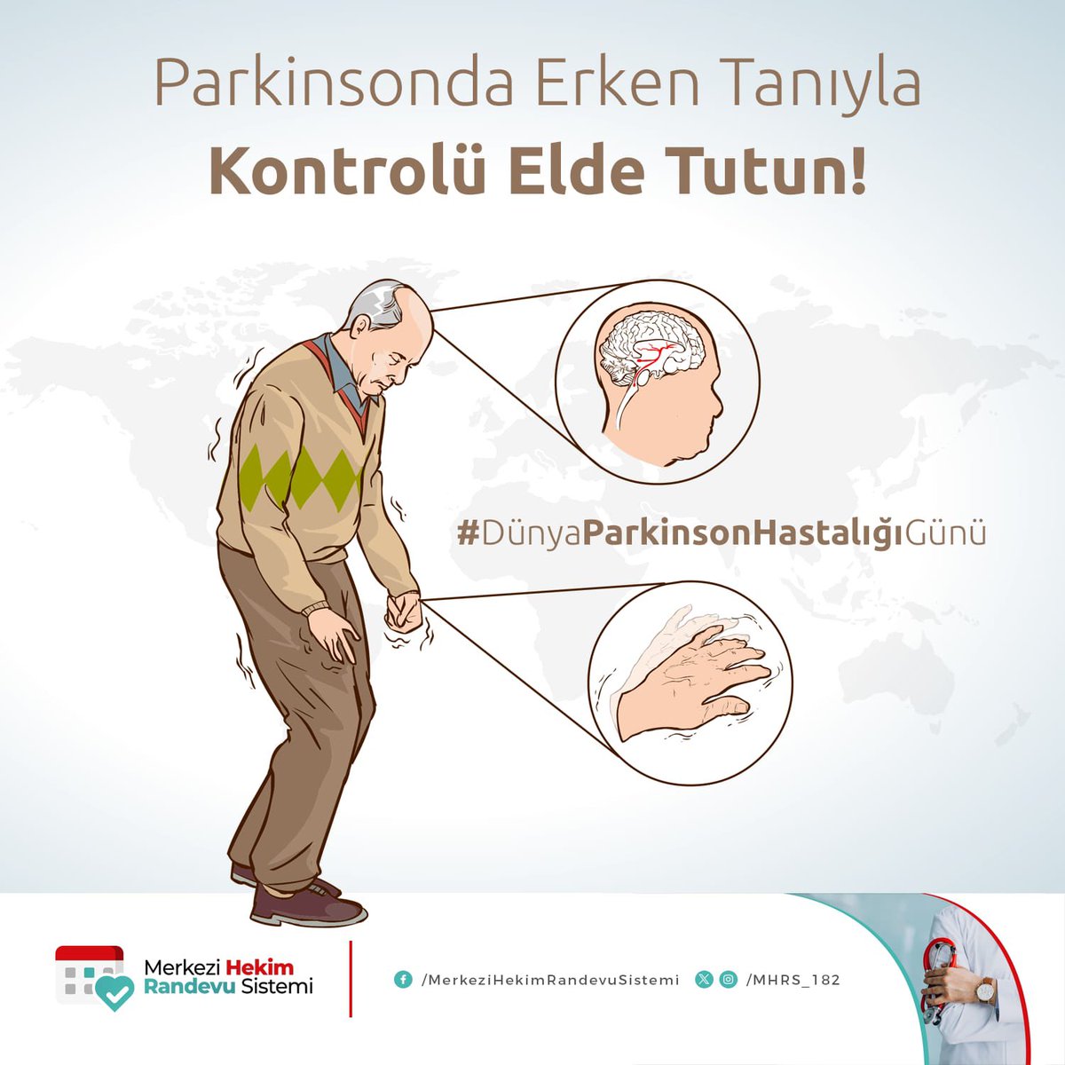 Erken tanıyla yavaşlatılabilen parkinsonun habercisi; el, ayaklarda titreme, hareketlerin yavaşlaması, duraklayarak konuşma, yürüme zorluğu gibi belirtilerdir. Nöroloji polikliniğinde yapılacak tanı ve tedavi ile #parkinson kontrol altına alınabilir. #DünyaParkinsonHastalığıGünü