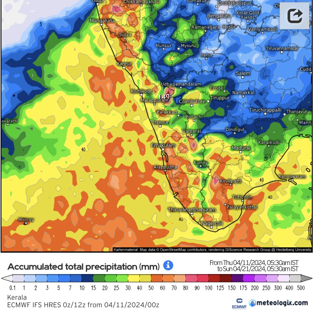 #Kerala is expected to see a significant increase in thunderstorms, brought on by moist easterlies & a weak circulation. The expected #KeralaRains are set to ease warm nights for 50-70% of locations, & previously dry regions are likely to see their first storms in the coming days