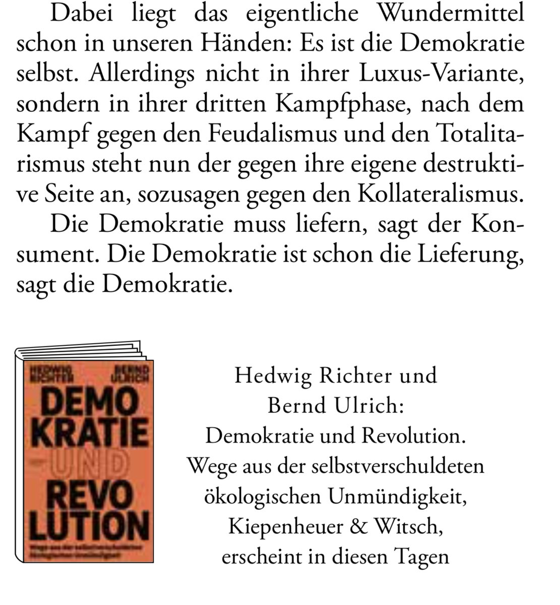 Die Demokratie braucht zur Selbstverteidigung eine Revolution. @berndulrich und ich in @DIEZEIT über unser Buch, das heute erscheint. zeit.de/2024/16/demokr…