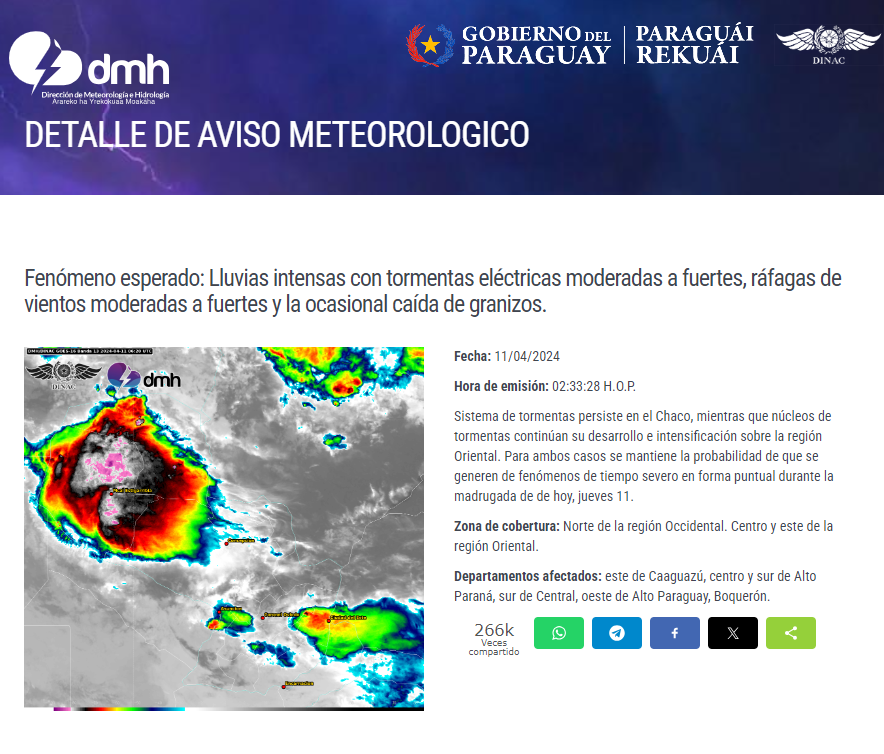 Aviso Meteorológico N° 548/2024 Emitido.
Enlace: meteorologia.gov.py/avisos/
Fecha: 11/04/2024
Hora: 02:33 h.