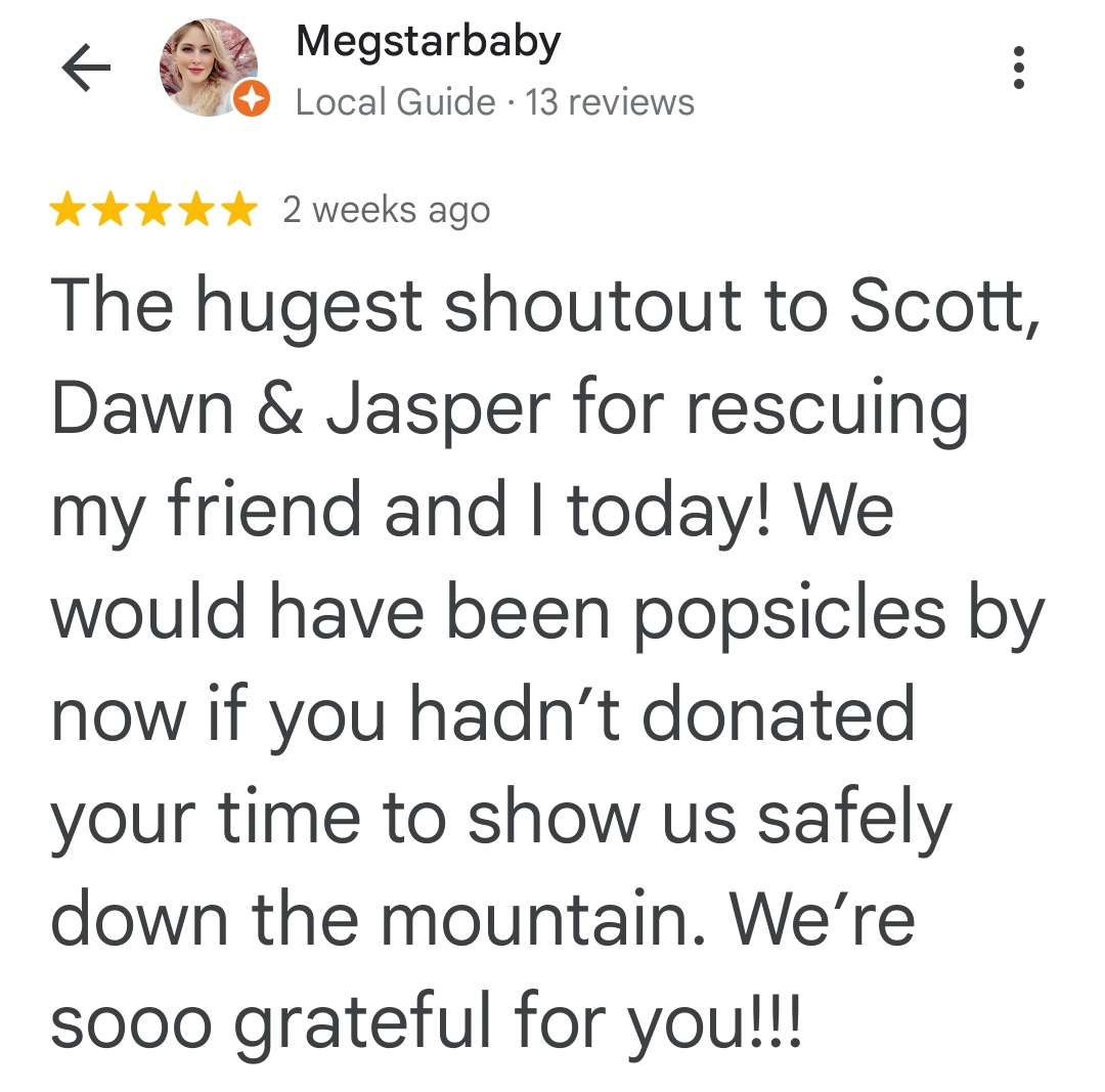 Awww! This was left on the Google Maps review for Coquitlam SAR. This was a couple who found themselves lost at West Van Lookout / Full Pull so we invited them to hike down with us. It wasn't a formal task or call-out, just my wife and dog helping out a pair of stranded hikers.