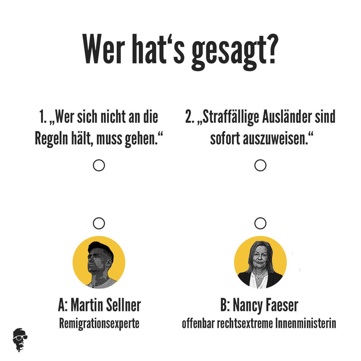 Hat Faeser @Martin_Sellner Buch 'Remigration' gelesen? Auf Seite 63:  'Straffällige Ausländer sind sofort auszuweisen.' 

Muss Nancy Faeser sich selbst ein Einreiseverbot verhängen? Überwacht Haldenwang seine Chefin? Laut Faeser müssen jetzt 923.269 Ausländer abgeschoben werden.