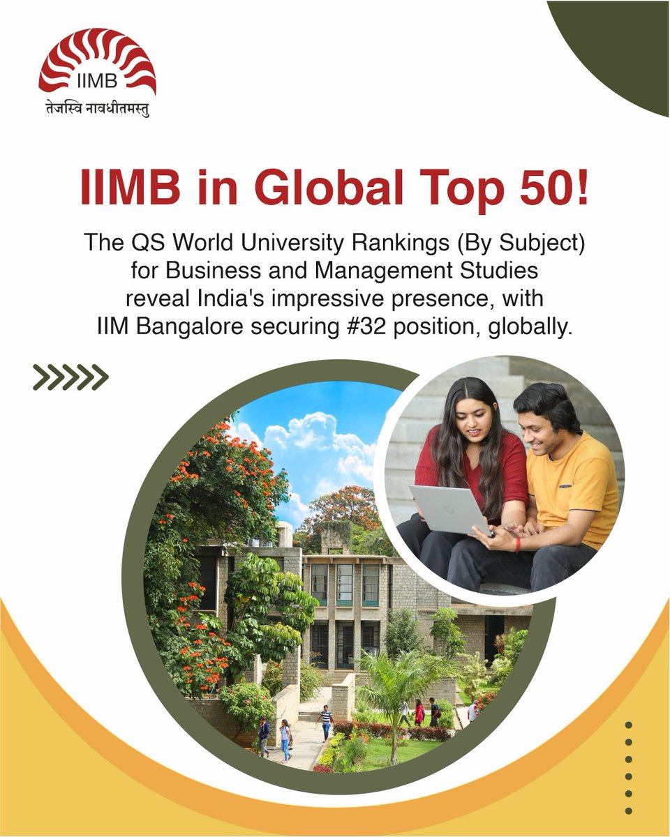 We have moved up from #61 in 2023 to #32 this year.
#IIMBangalore
#QS
#UniversityRankings
#BusinessStudies
#Management
#Education
#GlobalRankings #Top50
#IIMB