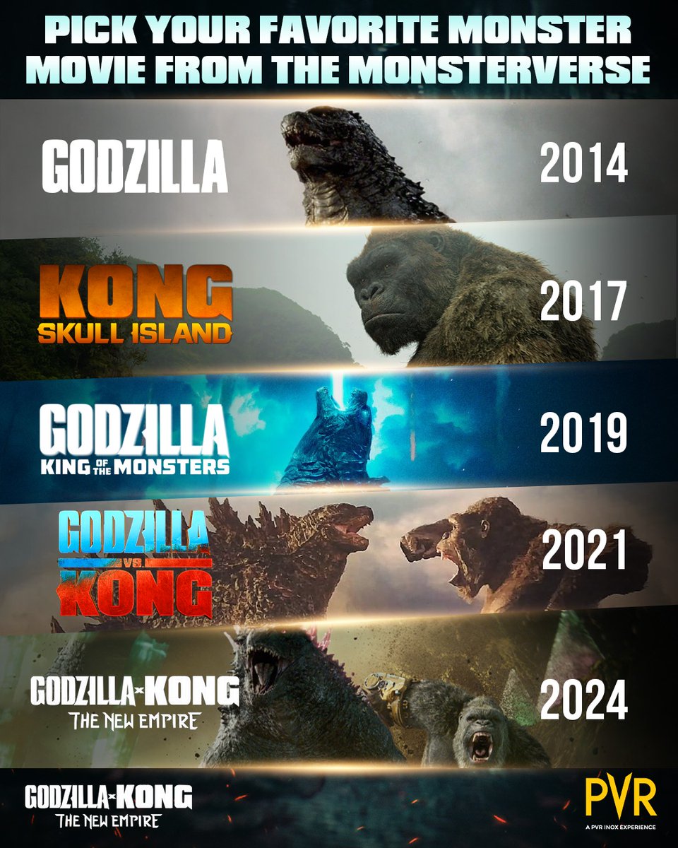 Get ready for the ultimate action saga! Which is your favorite movie from the MonsterVerse? Comment and let us know.

Now screening at PVR! 
Book now: cutt.ly/y7S9ryy
.
.
.
#GodzillaXKongTheNewEmpire #KayleeHottle #NicolaCrisa #DanStevens #RebeccaHall