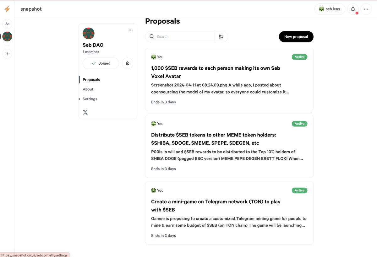 And $SEB DAO is born 🎉 Check the 3 first proposals to vote upon or add your own 👉 snapshot.org/#/sebcoin.eth