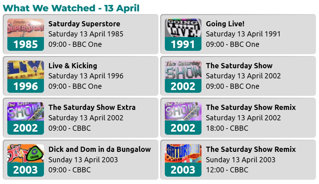 It's Saturday! Here's what we watched on 13th April over the years.
saturdaymornings.co.uk/watched
#saturdaymornings
