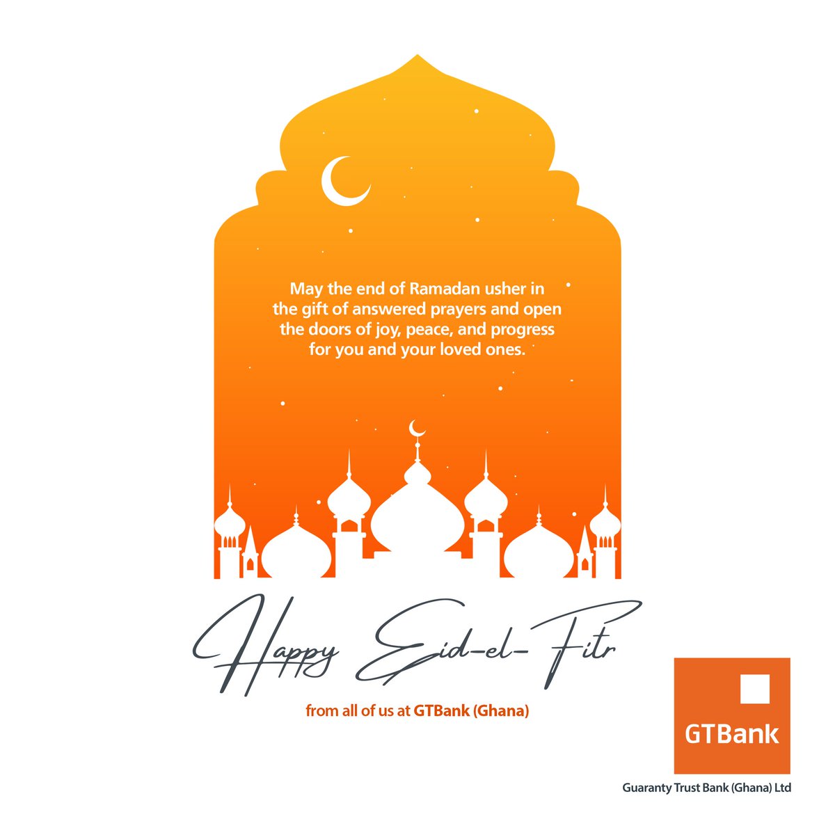 May the end of Ramadan usher in the gift of answered prayers and open the doors of joy, peace, and progress for you and your loved ones.
Happy Eid-el-Fitr!
#Ramadan
#EidMubarak 
#GTBankgh