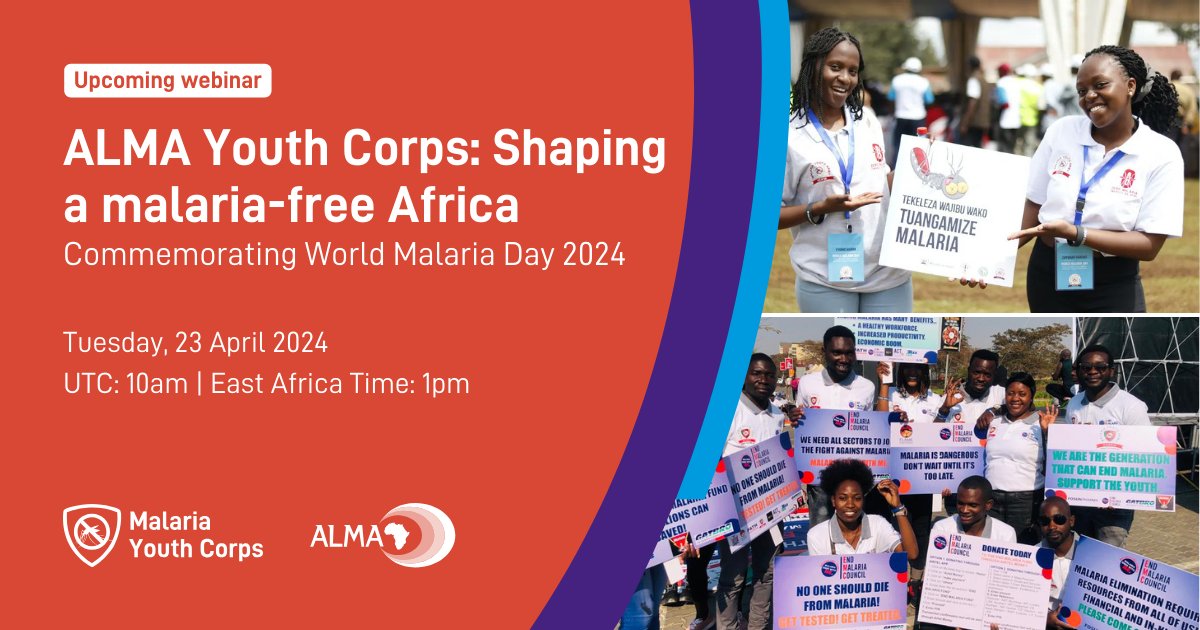 ALMA_2030's tweet photo. Youth champions across #Africa🌍 are helping to defeat #malaria. Join our #WorldMalariaDay webinar to learn from champions in #Cameroon, #Eswatini, #DRCongo, #Kenya, #Mozambique, #Uganda & #Zambia.
🗓️ Tuesday, 23 April 2024
⏰ East Africa Time: 1pm
➡️ Register : https://t.co/8FrTIgkQEI