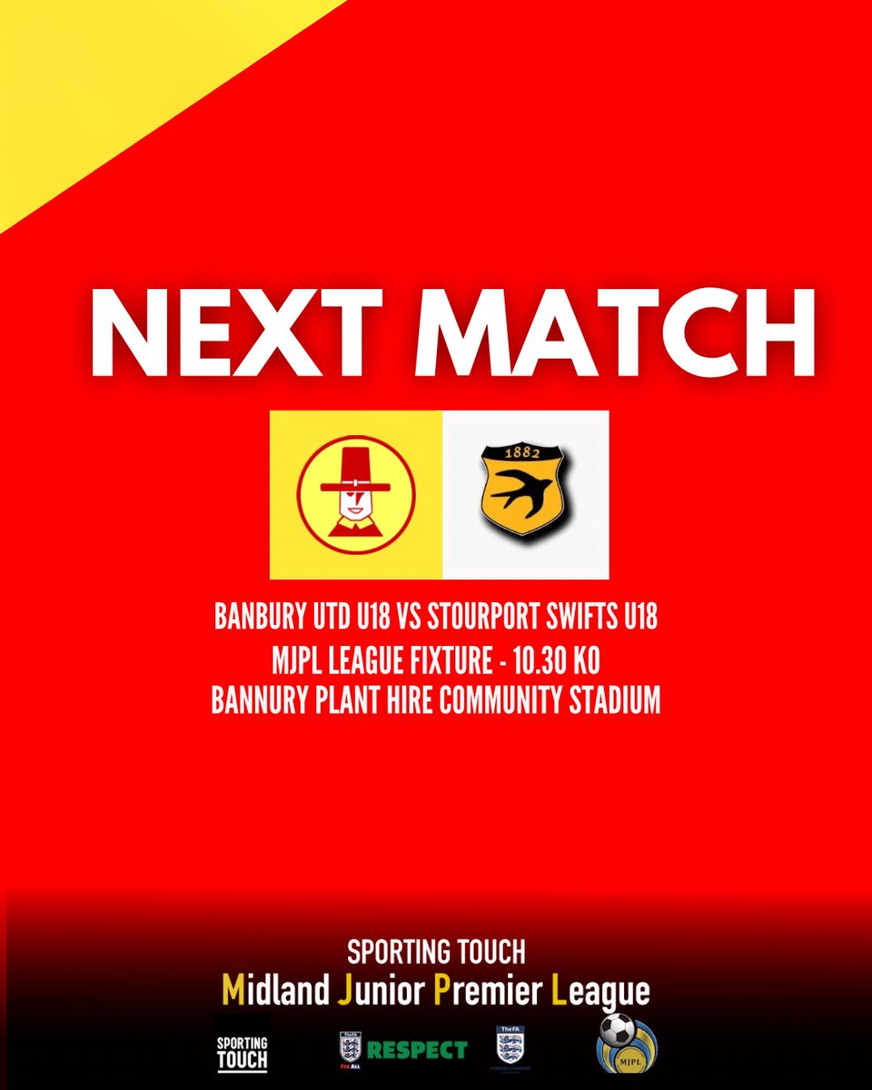 NEXT | 🔜

🏆 MJPL
🆚 Stourport Swifts
📍 Banbury Plant Hire Stadium
🕙 Saturday 13th April
⚽️ 10.30am

After another long gap between playing @BanburyUnitedFC U18s will be back in action on Saturday morning against Stourport Swifts

#WeAreUnited 
🔴🟡