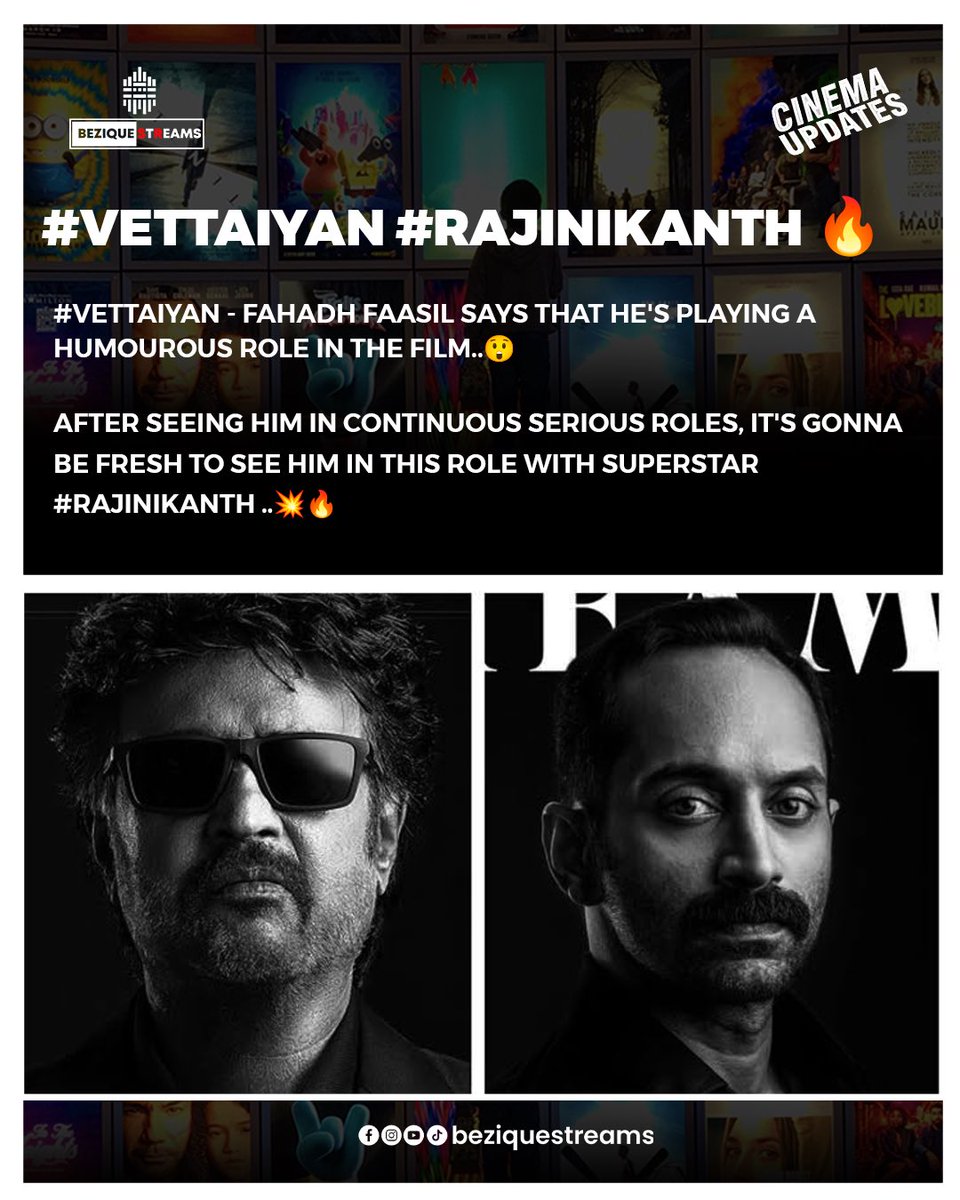 #Vettaiyan - Fahadh Faasil says that he's playing a Humourous role in the film..😲 

After seeing him in Continuous serious roles, It's gonna be fresh to see him in this role with Superstar #Rajinikanth ..💥🔥

#fahadhfasil #fafa #rajini #superstar #tamilcinema #tamilmovie