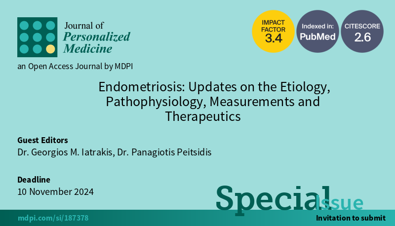 🥳The Special Issue '#Endometriosis: Updates on the Etiology, Pathophysiology, Measurements and Therapeutics' is open for submissions! 👨‍💻Guest Editors: Dr. Georgios M. Iatrakis @uniwa_gr Dr. Panagiotis Peitsidis 🗓️Deadline: 10 November 2024 🍀mdpi.com/si/187378