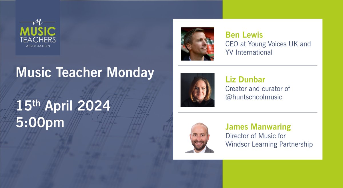 Join us on Monday when @jpmanwaring and Liz from @HuntSchoolMusic will be chatting to Ben Lewis from @YVconcerts about the power of singing, as well as looking ahead to our conference and discussing coursework. Register for a free place: tinyurl.com/4kkhes5m