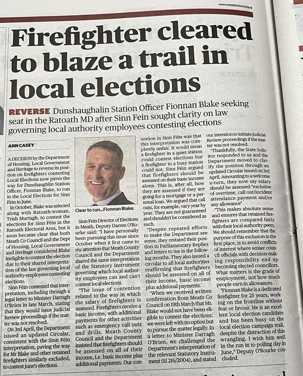 Firefighter cleared to blaze a trail in local elections - via @meathchronicle Fionnan Blake is an excellent candidate. In June, Sinn Féin aim to elect our biggest ever team to Meath Co Co. It’s time for change - in Meath & right across the country. #ChangeStartsHere