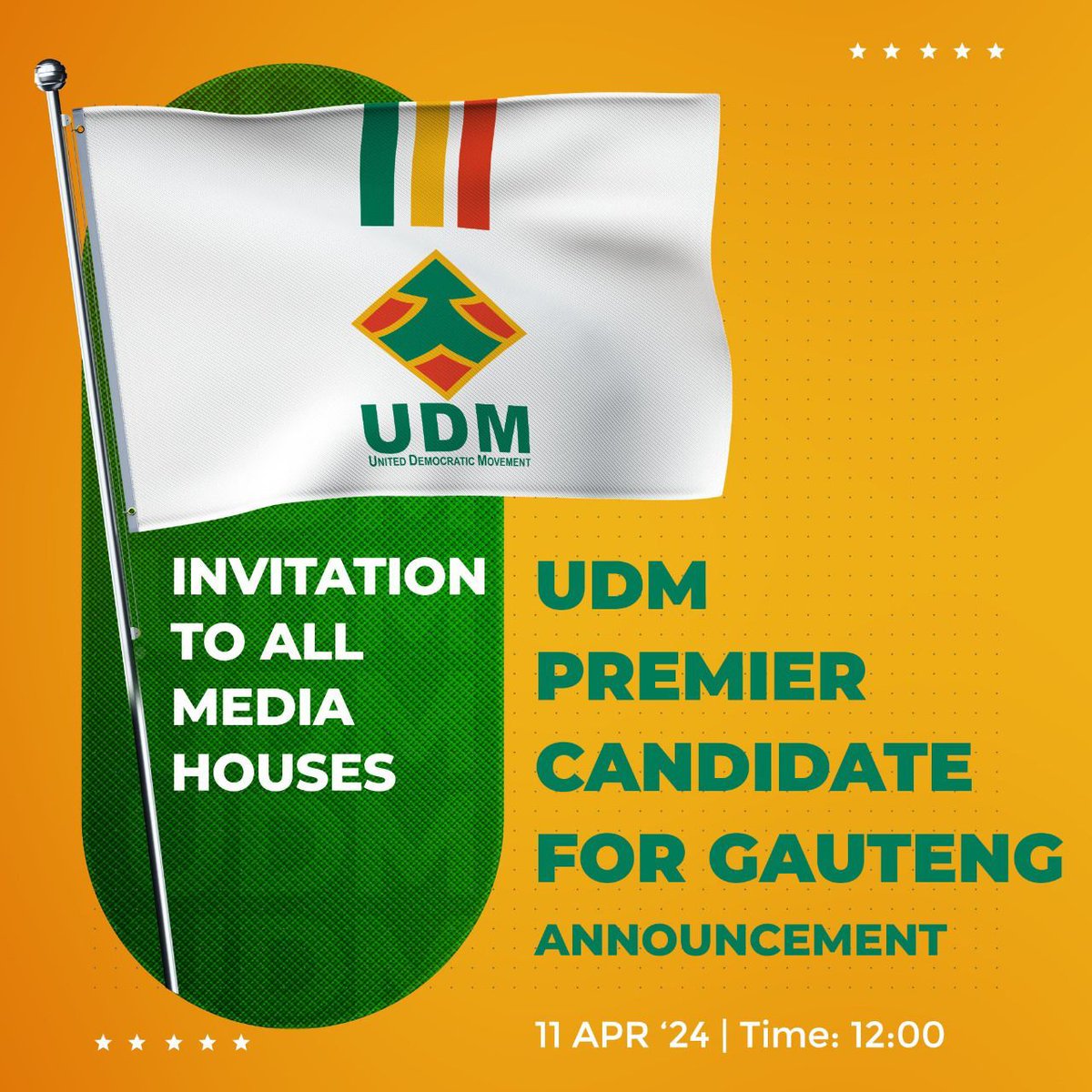 [ANOUNCEMENT] Tune in, today, 11 April 2024, @ 12:00 as the United Democratic Movement will announce the party’s premier candidate for Gauteng live on facebook.com/bantu.holomisa
