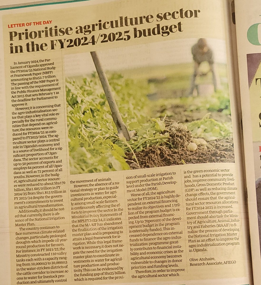 Uganda heavily relies on the agricultural sector and 70% of this program budget for FY2024/25 is expected to come from outside sources. Where does this leave us as a country when donor priorities and funding levels change?