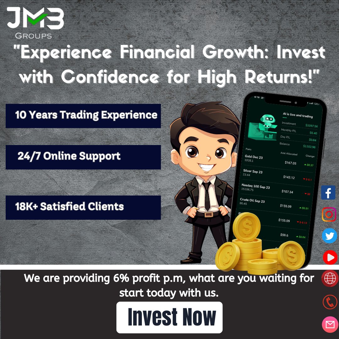 'Transform your investment experience with AI-driven solutions from JMB GROUPS Harness the predictive capabilities of artificial intelligence for smarter trades and superior results.'
#InvestmentGoals #HighReturns #FinancialFreedom #FinancialGrowth #SmartInvestments #JMBGroups