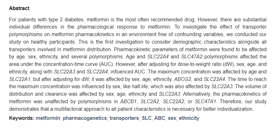 🧐Check out today's #Editor_Choice Paper 'Identification of Transporter Polymorphisms Influencing #Metformin #Pharmacokinetics in Healthy Volunteers' 🏥Hospital Universitario de Burgos 🔗mdpi.com/2183386 @MDPIOpenAccess @MediPharma_MDPI #mdpijpm✔️