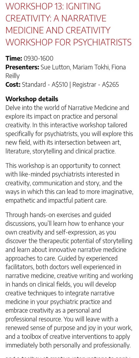 Psychiatry people! @nanchanglu and I are running a whole-day Narrative Medicine workshop at your upcoming pre-Congress day on Sunday 19th May, 2024 in Canberra. It's going to be so much fun. Come along, we'd love to meet you.🎈🎈🎈 You can register here: congress.ranzcp.org/pre-congress-w…