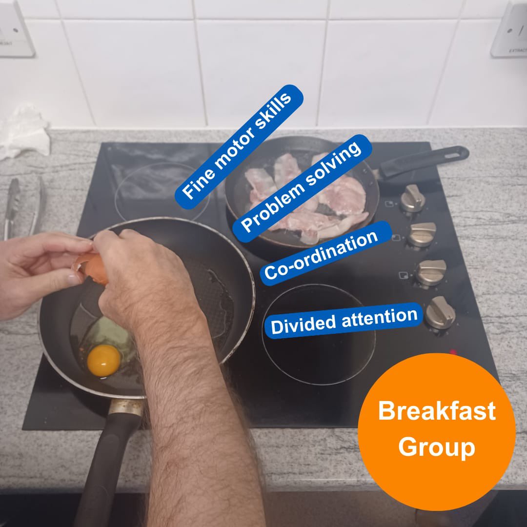 We run a weekly breakfast group where patients cook as a group then sit round the table to eat!
As well as being a chance to socialise, breakfast group has many therapeutic benefits:
🖐️ Fine motor skills & balance
🤔 Planning and problem solving
🙇‍♂️ Concentration
#OT #neurorehab