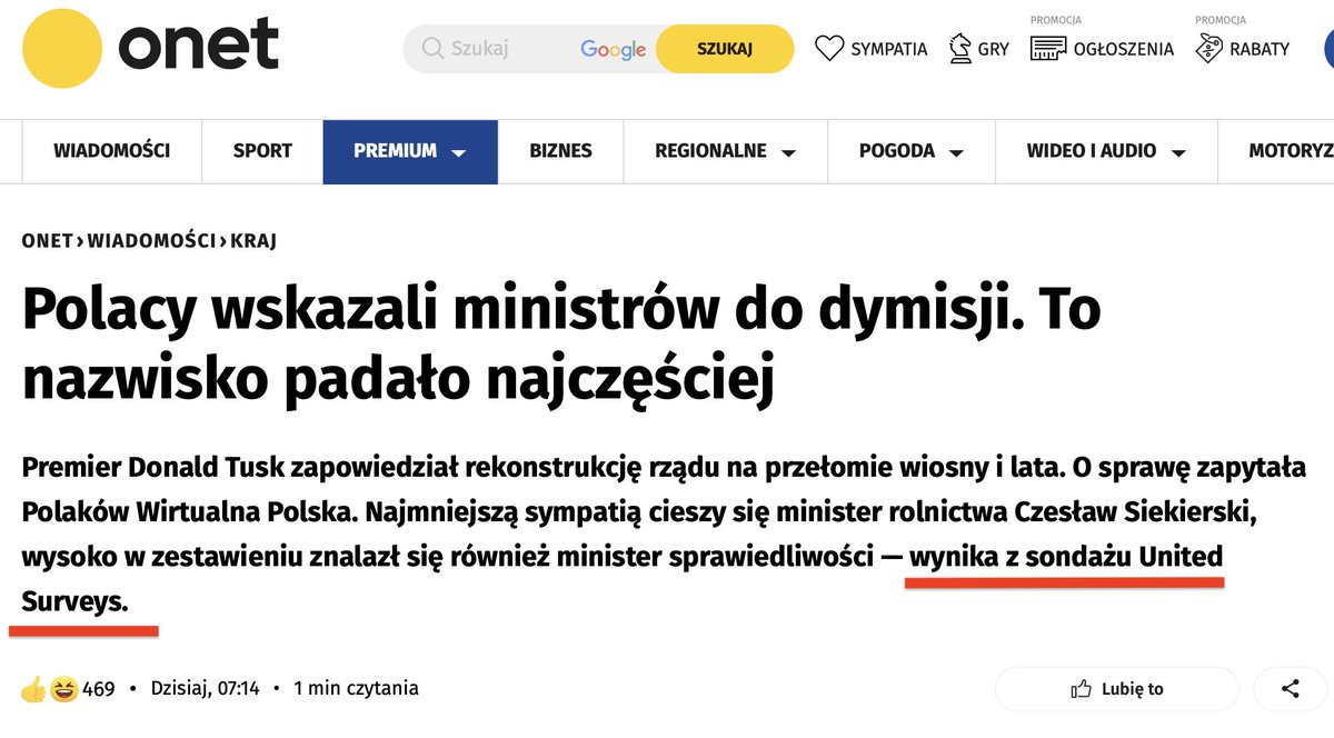 Dzisiaj Onet Węglarczyka kolportuje sondaż pracowni krzak United Surveys, firmy, która nie istnieje. Wykręt Marcina Dumy, że to 'projekt IBRiS' budzi jedynie zażenowanie. 'Wolne media' 🤡