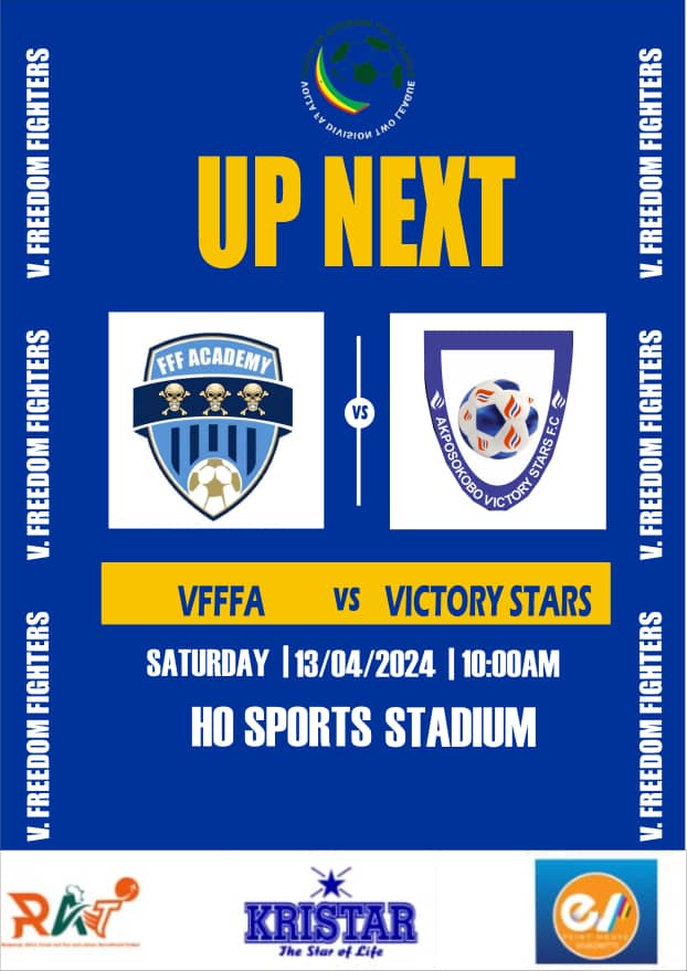 ☠️ Next up 👉 VICTORY STARS FC

📅 Saturday, April 13
⏰ 10:00 am 
🏟️ Ho Sports Stadium 
🏆 Volta Division 2 League | MD11

#Vfffa #TheImmortals