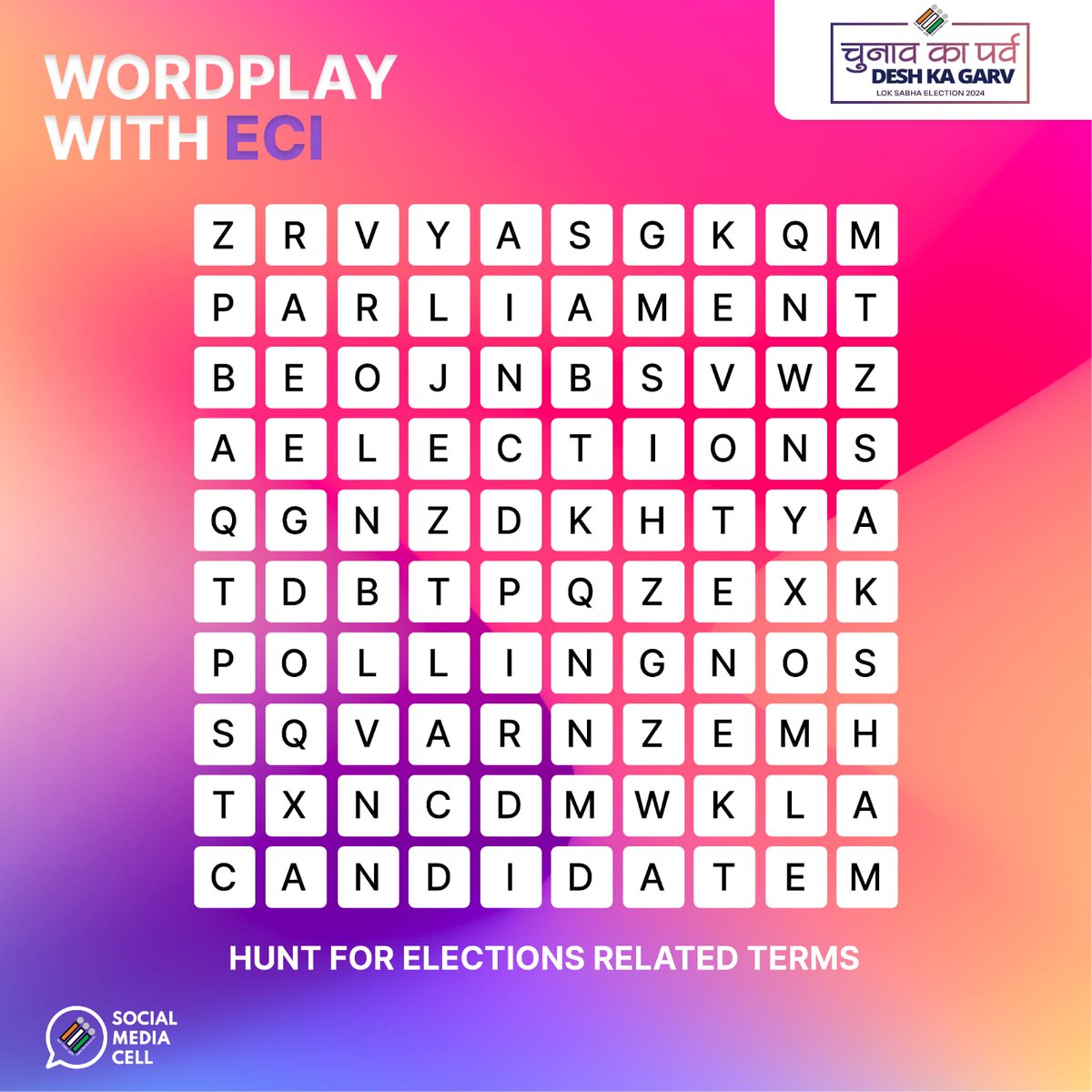 Decipher 🔍 the electoral code through this #wordplay with #ECI' - Hunt for election related terms 🤠 Comment the first 3 terms that you find 👇 #ChunavKaParv #DeshKaGarv #Election2024