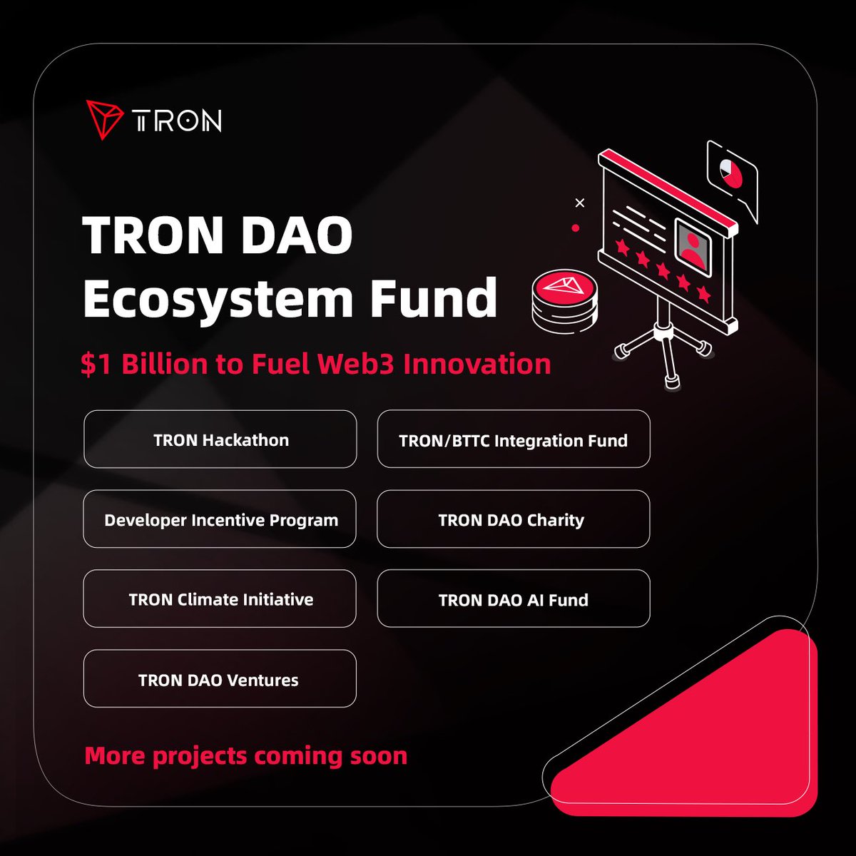#TRONICS , building the future of Web3 is now brighter than ever. 👀 With the #TRONDAO Ecosystem Fund - Grants, Hackathons & more! 🚀 Details 👇