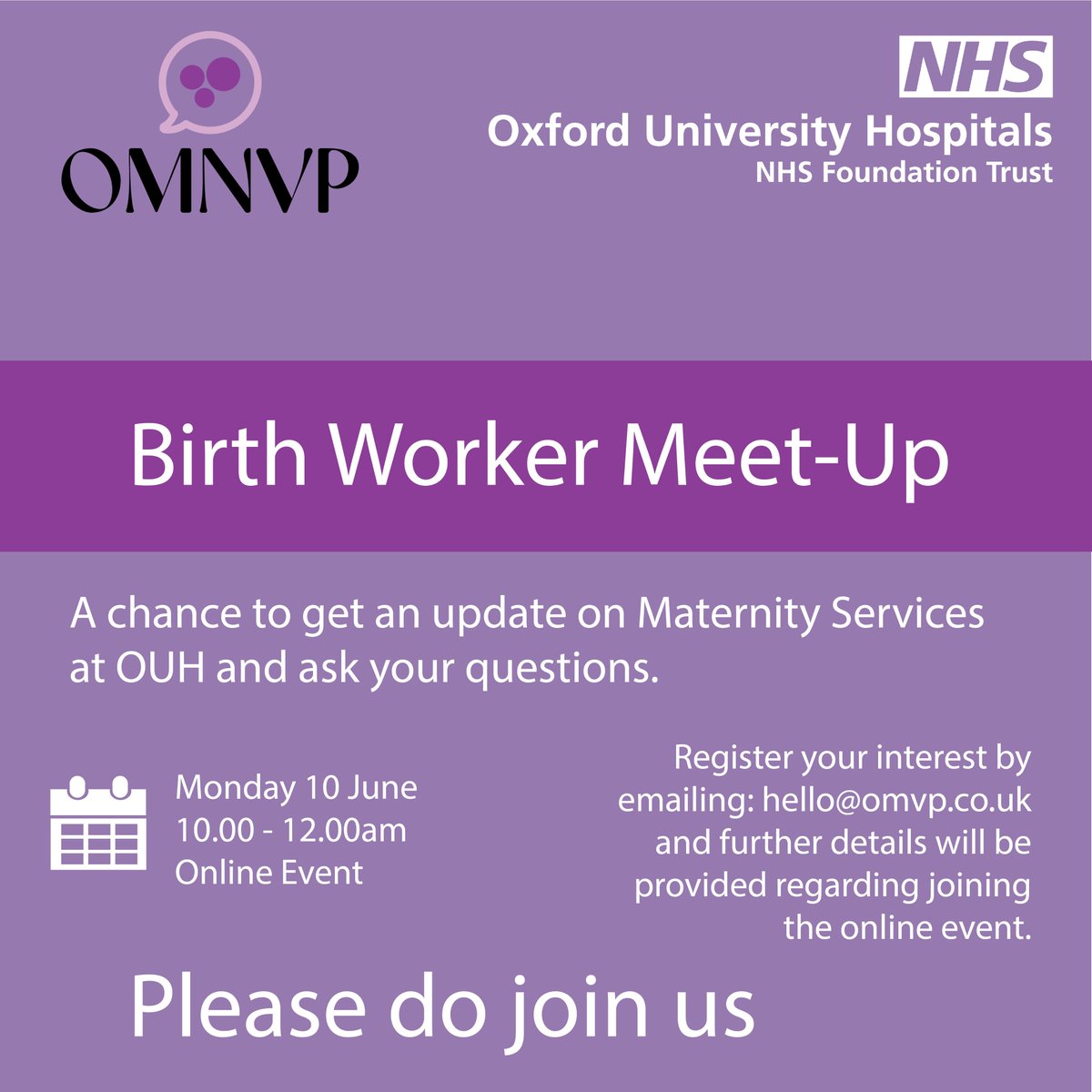 Birth worker meet-up Monday 10 June 2024, a chance to get an update on the Maternity Services at OUH and ask your questions. #maternity #birthworker @OUHospitals @OUH_Nursing