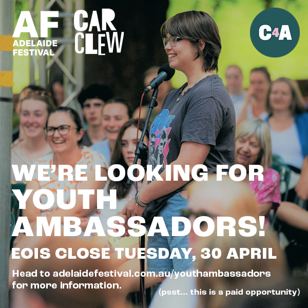 📣 We're looking for youth ambassadors! 📣

With <a href="/adelaidefest/">Adelaide Festival</a> and <a href="/Carclew/">Carclew</a> we’re looking for young people aged 12-25 (12-30 for First Nations people) who are passionate about the arts and young people’s voices.

Interested? EOIs here: adelaidefestival.com.au/youthambassado…