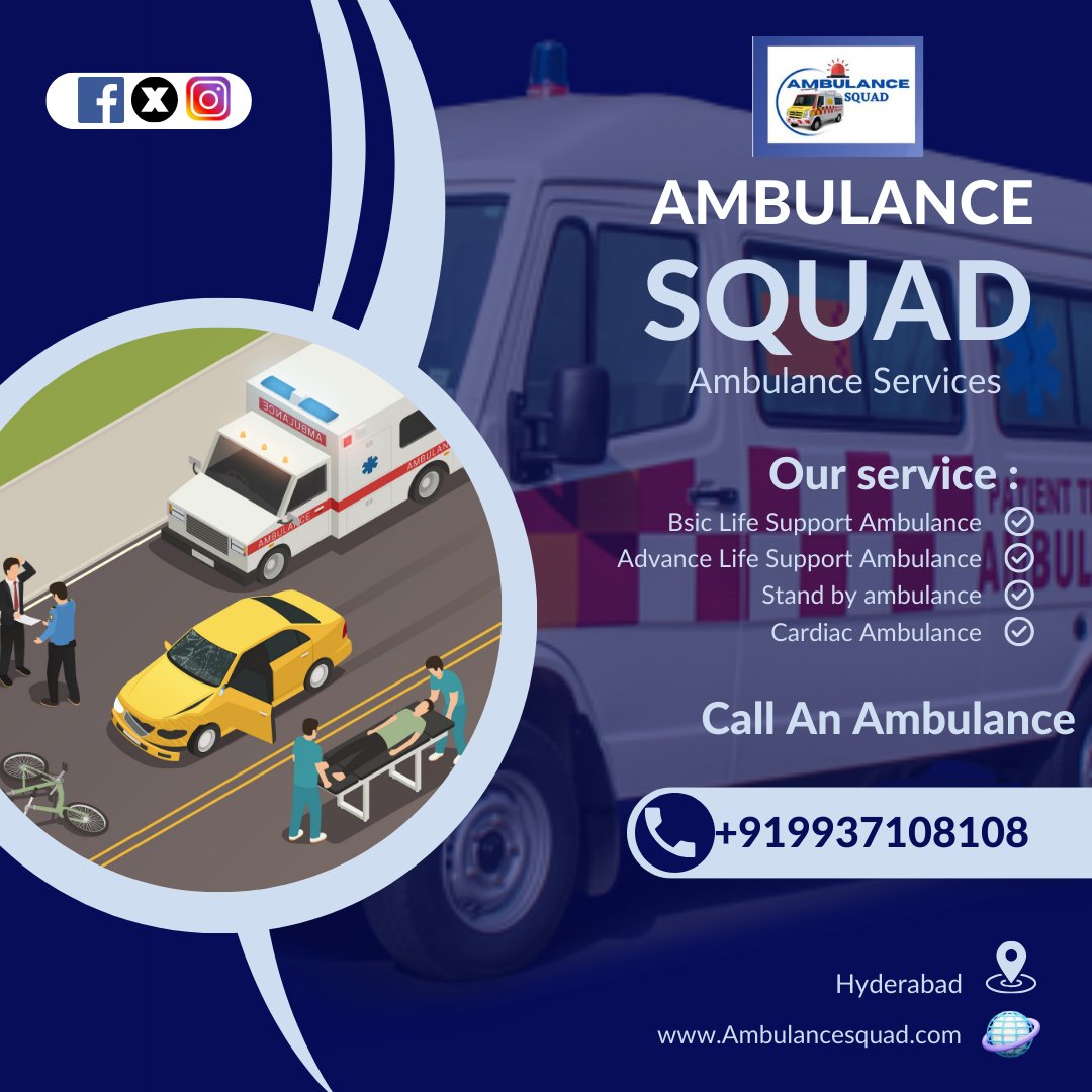 Ambulance Squad - Ambulance Services Our Ambulance Service:- ☑️Basic Life Support Ambulance ☑️Advance Life Support Ambulance ☑️Stand by ambulance ☑️Cardiac Ambulance Contact Us +91 9937-108-108 #Hyderabadambulanceservices #rapidresponse #Ambulance #ambulancecare #safetyfirst