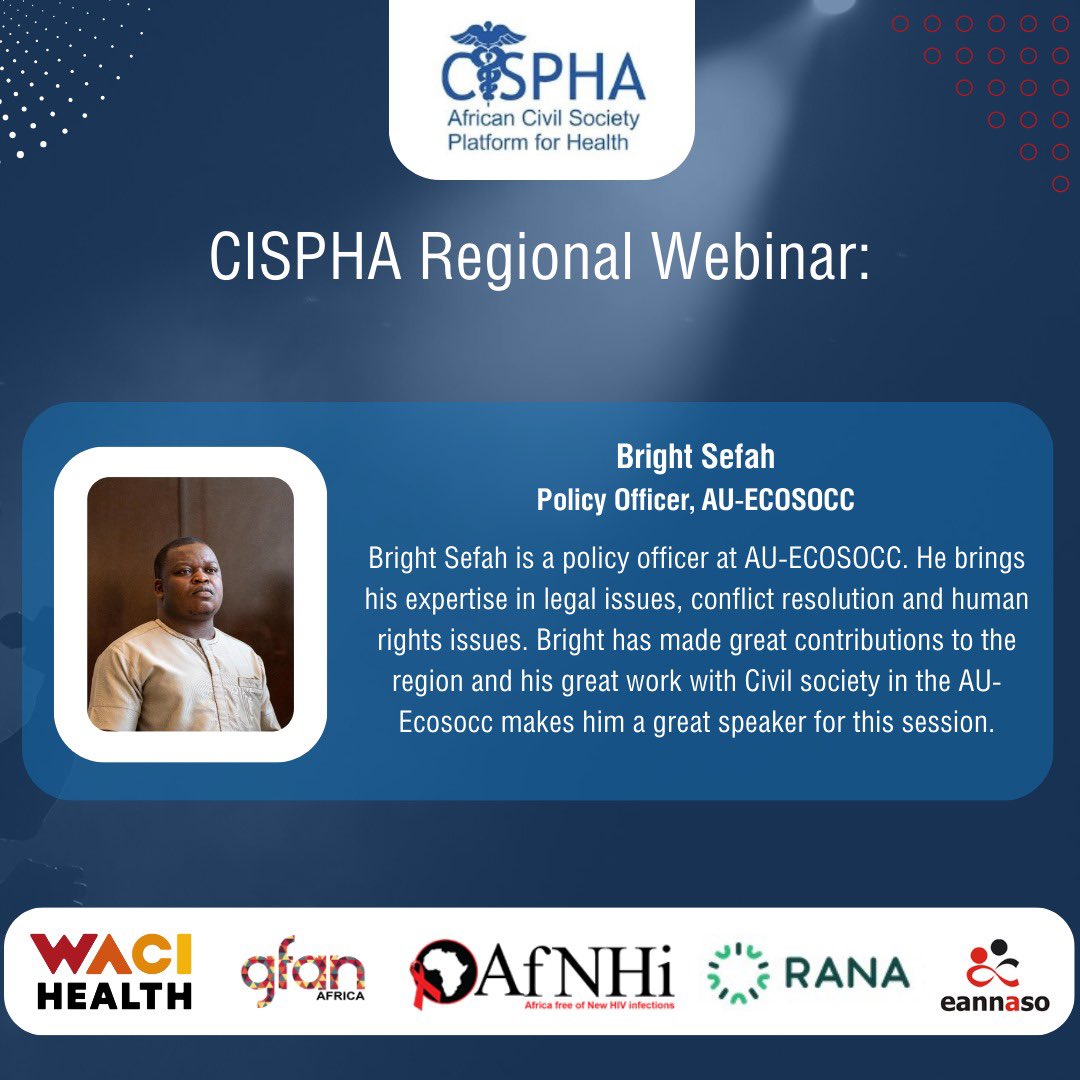 It’s today people…The Africa Civil Society Platform for Health @CiSPHA_Tweets is inviting you to join the upcoming Regional webinar today. All about…'African Union engagement with CSOs.' And “Update on Global health negotiations process:The intergovernmental Negotiation Body'