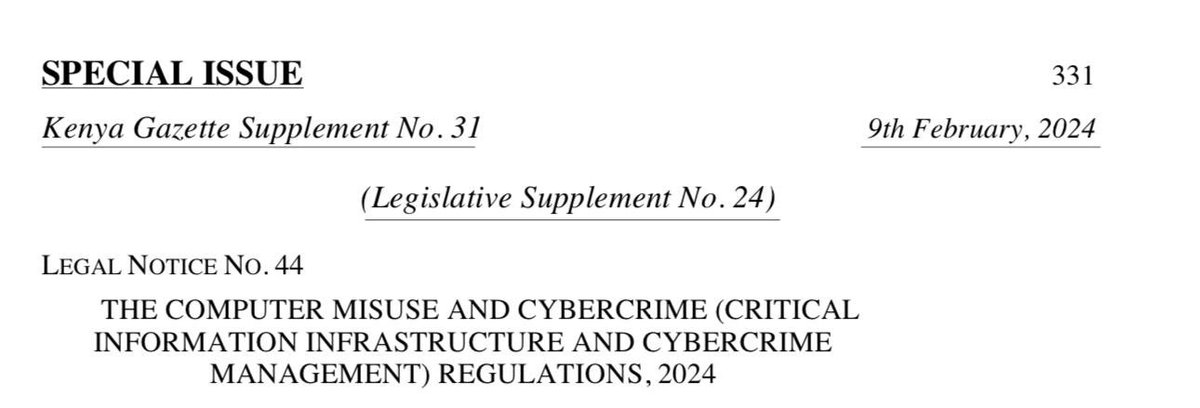 The National Assembly @NAssemblyKE has approved the Computer Misuse and Cybercrime (Critical Information Infrastructure and Cybercrime Management) Regulations, 2024. Referenced as Legal Notice No. 44 of 2024, the regulations were thoroughly reviewed and have now been acceded…