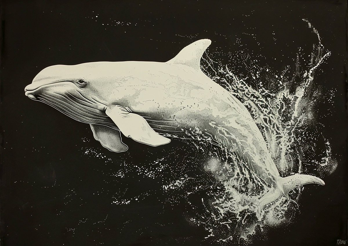 'Black scratchboard art, white beluga whale, breaching, negative space, strong visual flow' #midjourney