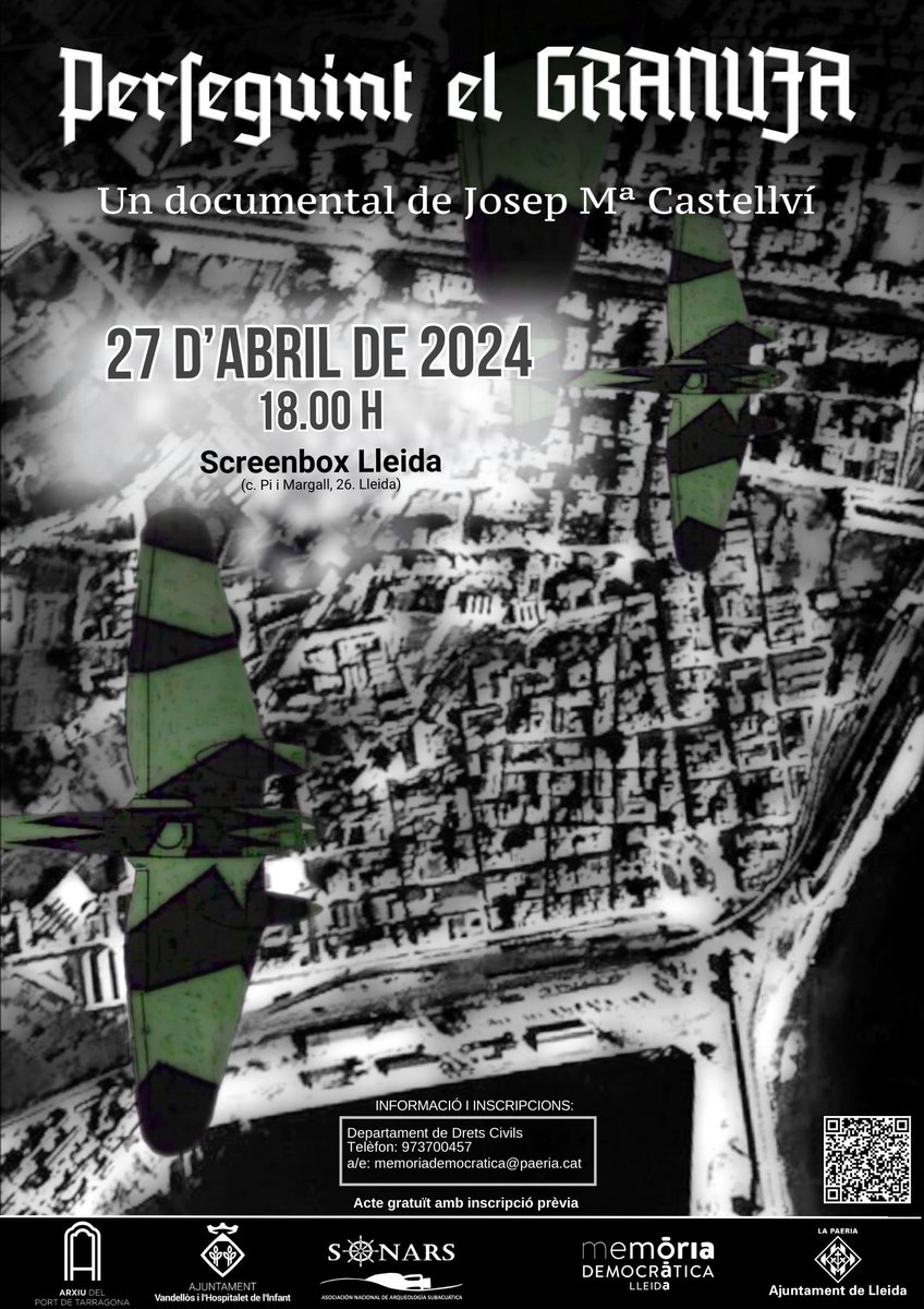 El dia 27 d'abril es projectarà al @Screenboxlleida el documental de Josep Maria Castellví 'Perseguint el Granuja'. Una combinació d'història i submarinisme. Organitzat per @paerialleida. Hi podeu assistir fent a una reserva prèvia a Memòria Democràtica. Només 50 entrades.
