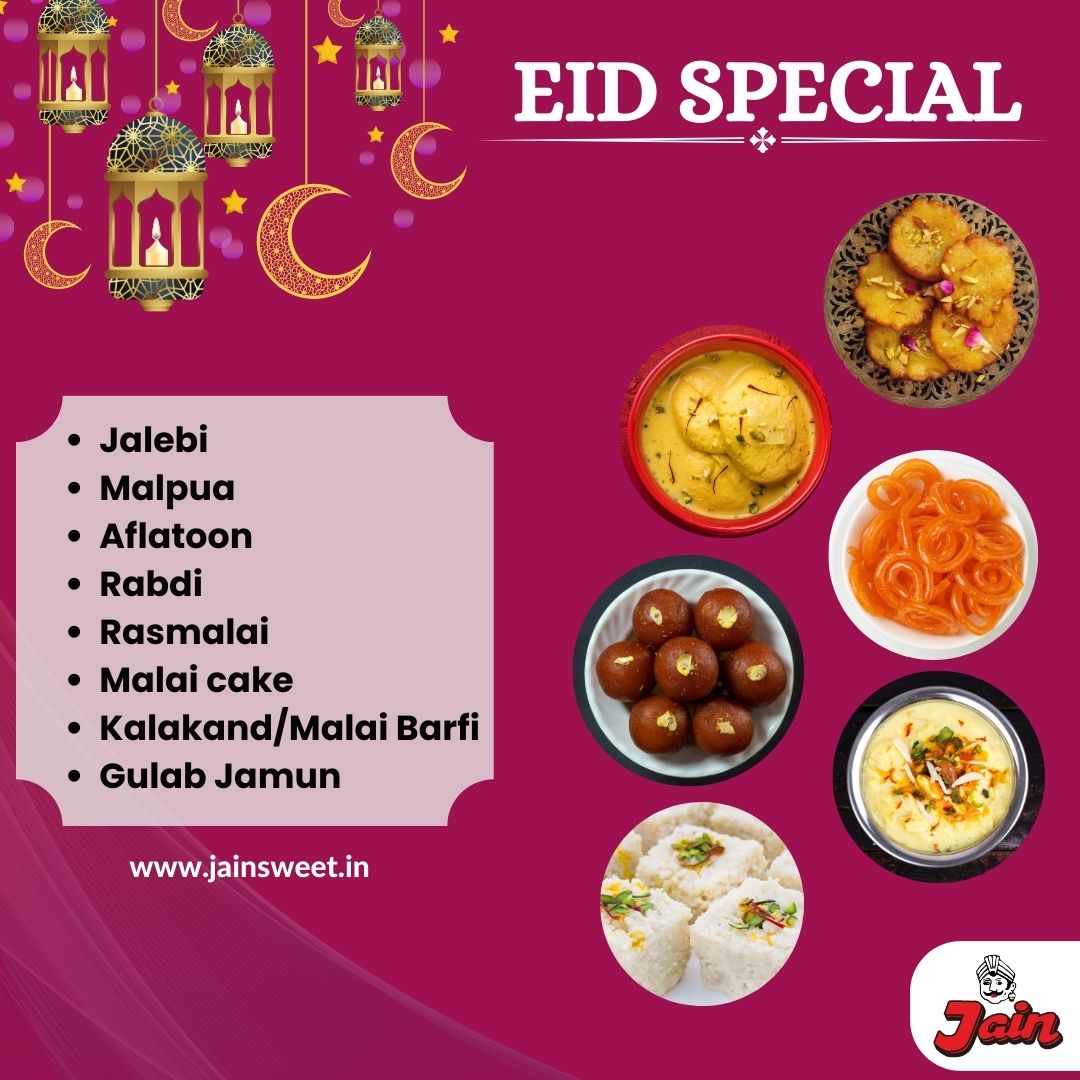 Celebrate Eid with Jain's special sweets!!!!
Eid Mubarak 🌙
#eid #kandivali #mumbaistreetfood #eidmubarak #dinner  #navratri #macrotechplanet #mumbaifoodicious #samosalover #eidgifts #jainfood #orderonline #eidspecial🌙 #navratrispecial #jainsweets #vegbiryani #mumbaifood #swiggy