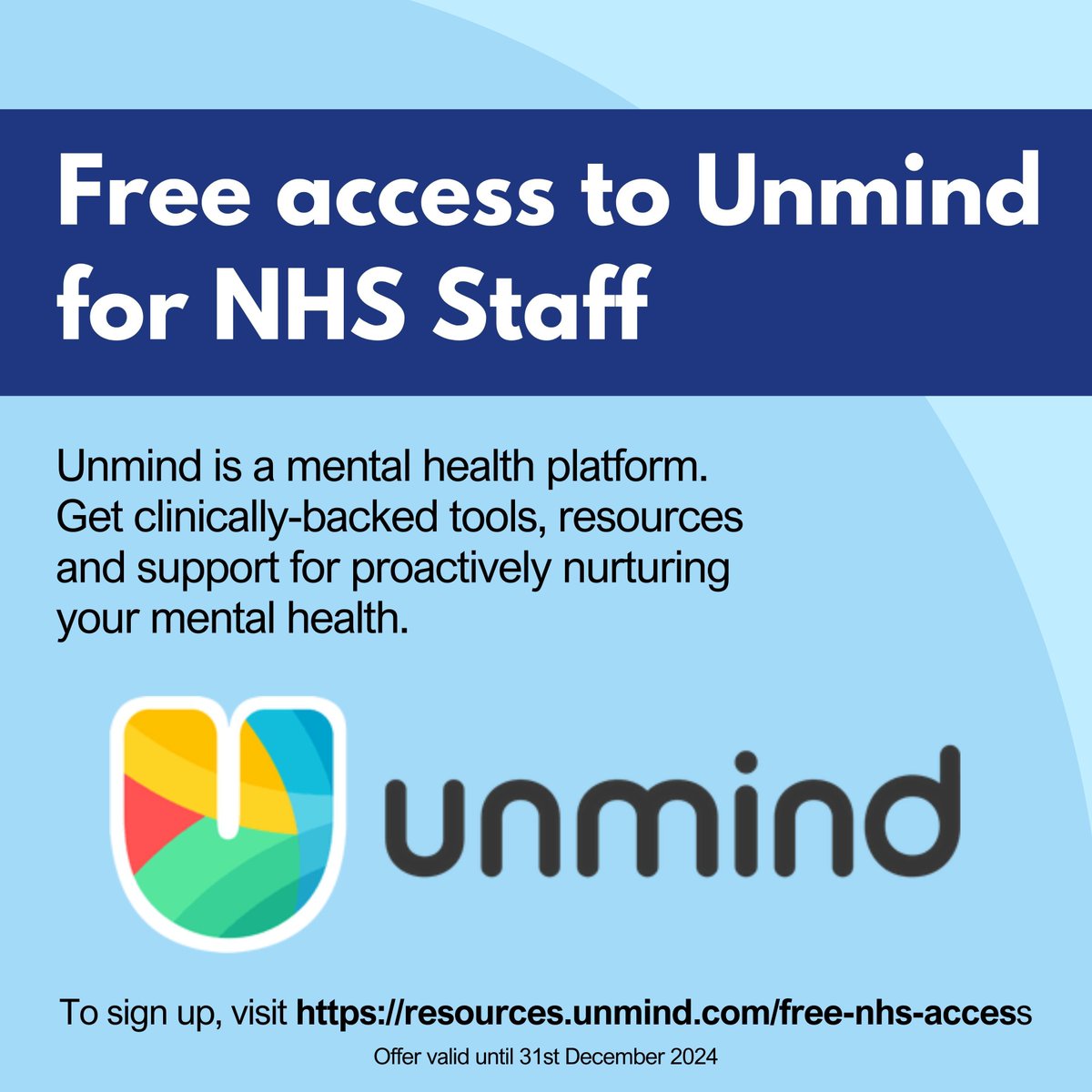 All NHS can get free access to Unmind, it is a mental health platform. Get clinically-backed tools, resources and support for proactively nurturing your mental health. To sign up, visit buff.ly/3vtiAcN