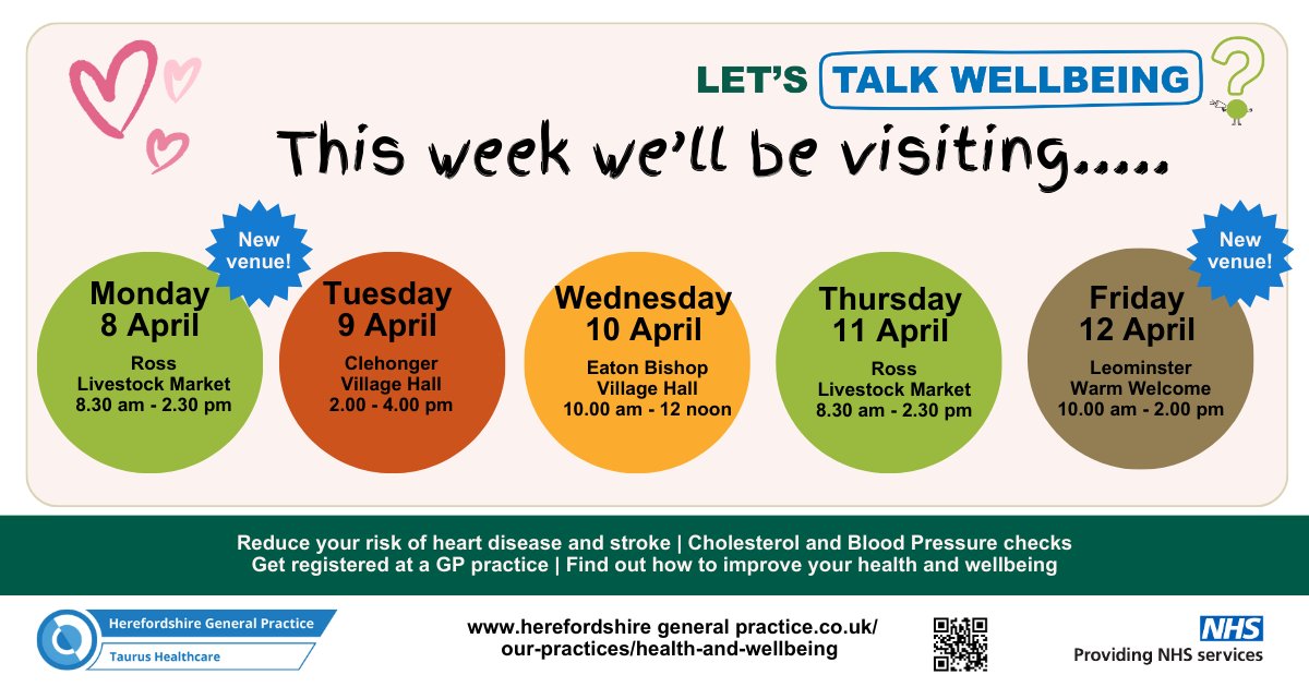 Don't forget! Our Talk Wellbeing team will be at Ross Livestock Market today (Thursday) from 8.30am - 2.30 pm. See below for details or visit our webpage: herefordshiregeneralpractice.co.uk/health-and-wel… @HfdsCouncil @NHS_HW