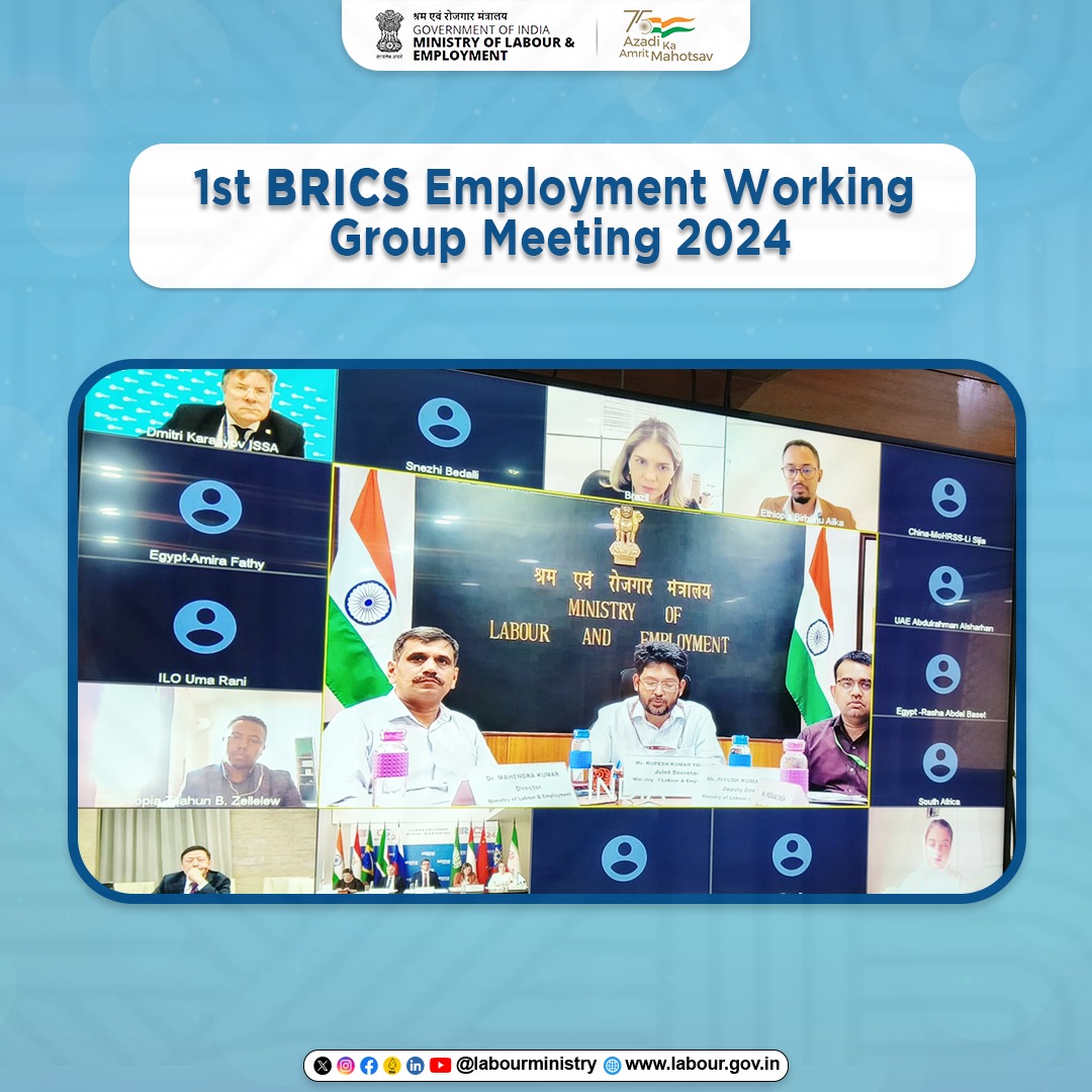 Indian delegation from #MoLE participated virtually in the 1st BRICS Employment Working Group Meeting 2024, under the Russian Presidency. #LabourMinistryIndia #Employment #BRICS (1/2)