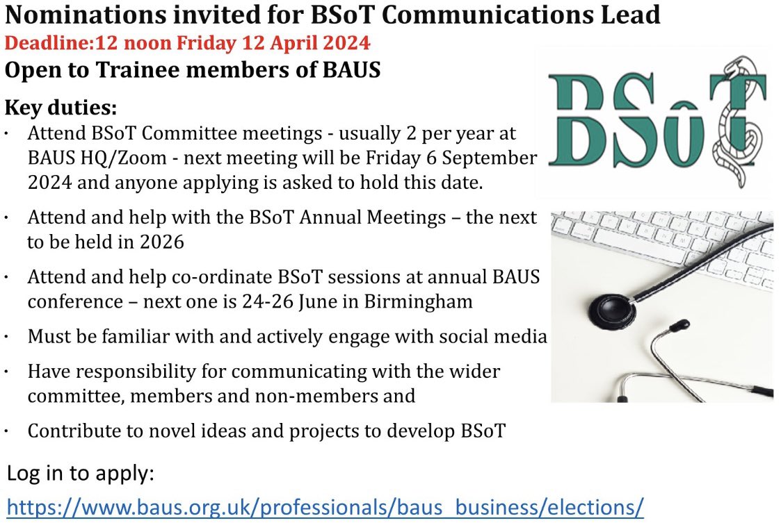 Nominations OPEN for @BSoT_UK Communications Lead!📱💻 Please consider applying - Fantastic opportunity to join the Committee and contribute to novel ideas/projects to develop BSoT ⚡️ ⏳DEADLINE: Friday 12 April 12 Noon.