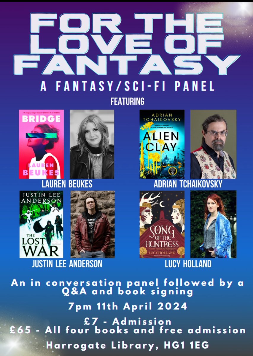 Edinburgh station, departing for Harrogate for this event tonight at Harrogate library with Adrian Tchaikovsky, Justin Lee Anderson and Lucy Holland For The Love of Fantasy! Tickets still available, come say hi! And hit me with your best Harrogate recommends!